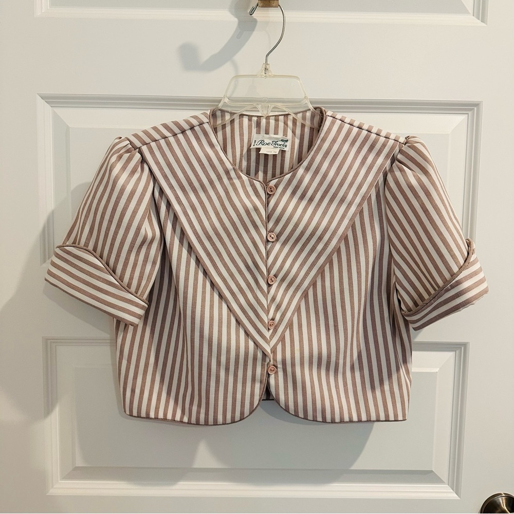 Vintage Striped Cropped Button-Up Top with Sailor Collar - Pink & White